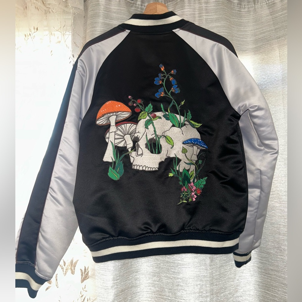 Unisex Satin Skull Botanical Bomber Jacket